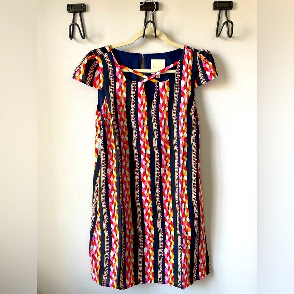 NEW ModCloth, XS, navy blue and multicolor geometric rope pattern mini shift